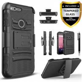 Google Pixel XL Case, Dual Layers [Combo Holster] Case And Built-In Kickstand Bundled with [Premium Screen Protector] Hybird Shockproof And Circlemalls Stylus Pen (Black)